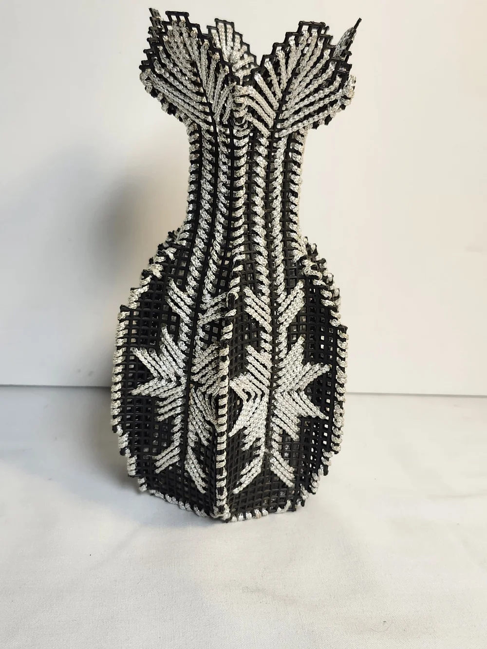 Black Plastic Loom Vase With Sparkling Silver Thread Design